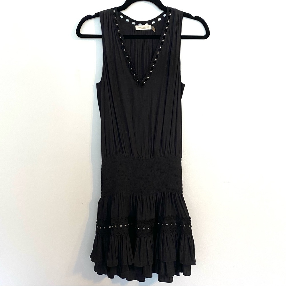 Ramy Brook Black eyelet smocked waist studded dress sleeveless extra small